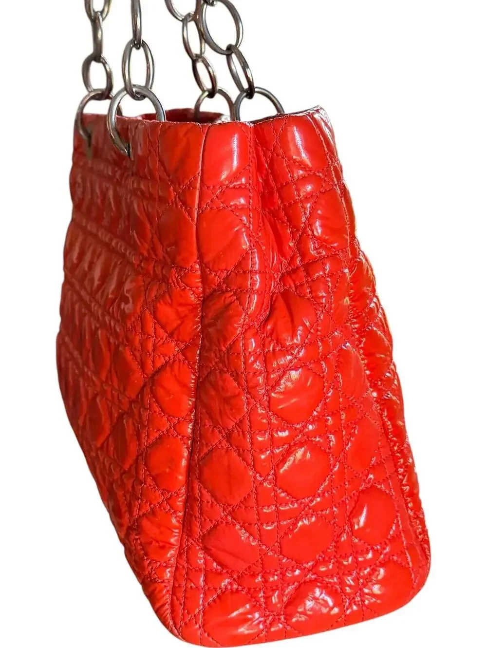 Christian Dior Lady Dior Cannage Orange Patent Leather Tote Bag Silver Hardware